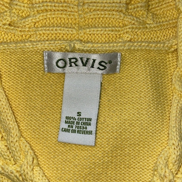 Orvis Butter Yellow Cable Knit Cotton Sweater Vintage Preppy Layering V-Neck SM - Picture 7 of 12